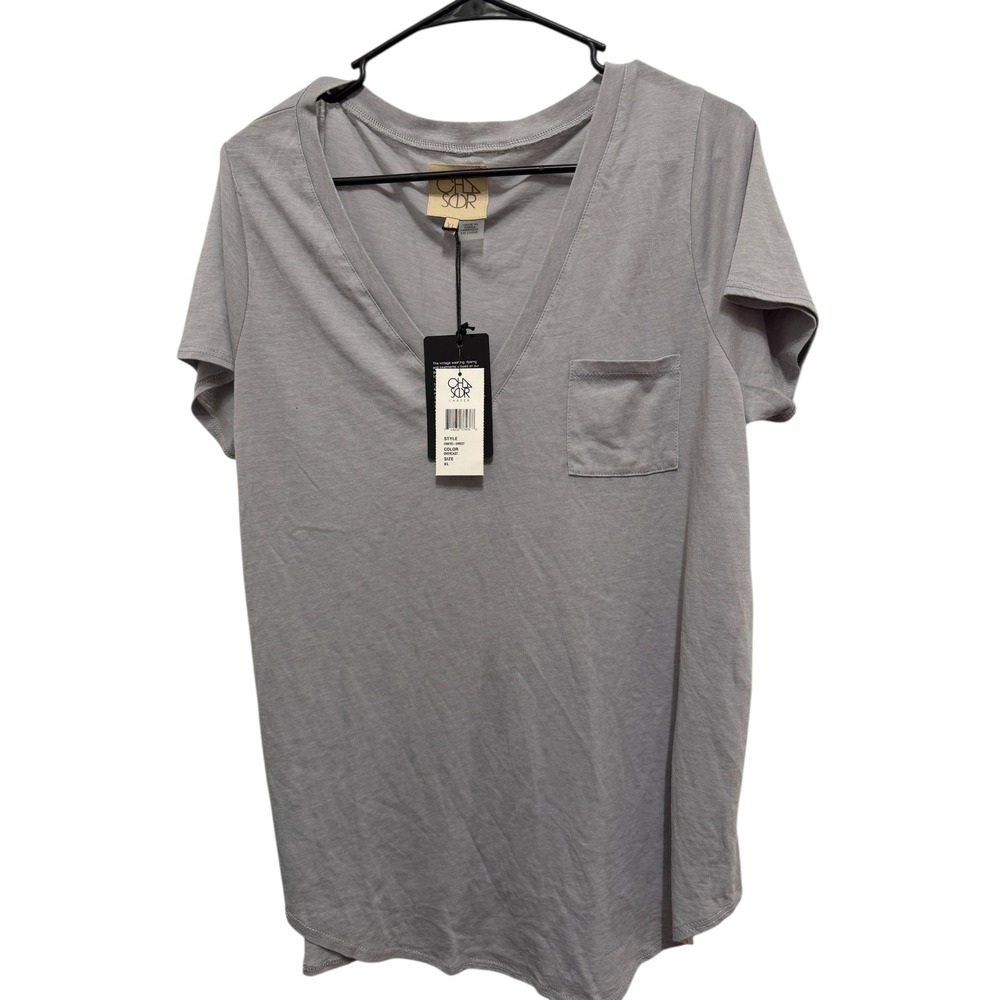 Chasor ‎ Women Gray V Neck Short Sleeve Pocket Tee Shirt XL